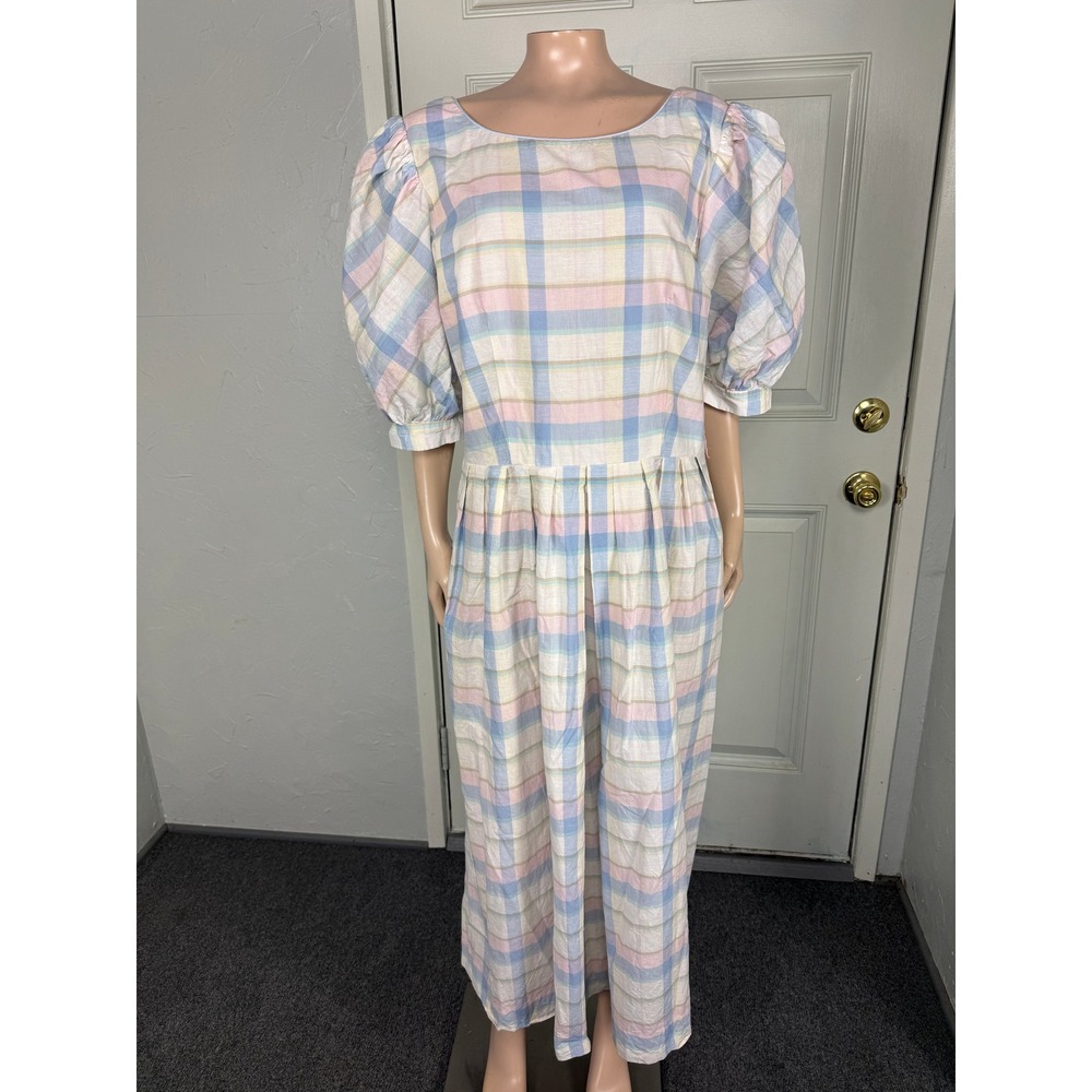Vintage 80s 90s Lanz Dress Cotton Plaid Midi Puff Sleeve Pastel Pockets BB21